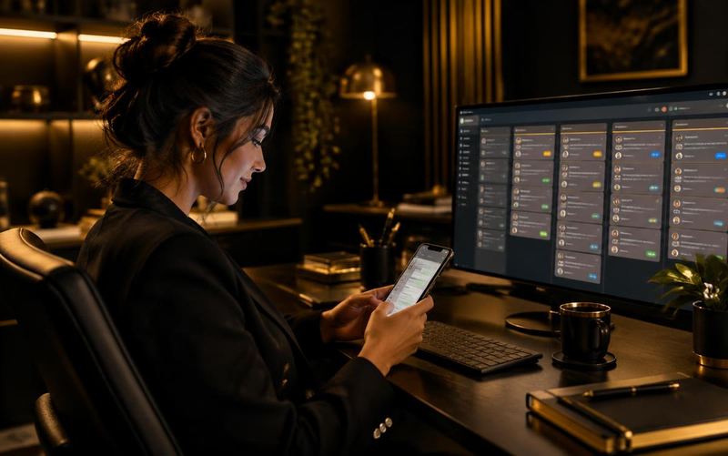 Atendente respondendo clientes no WhatsApp ao lado de um painel de CRM