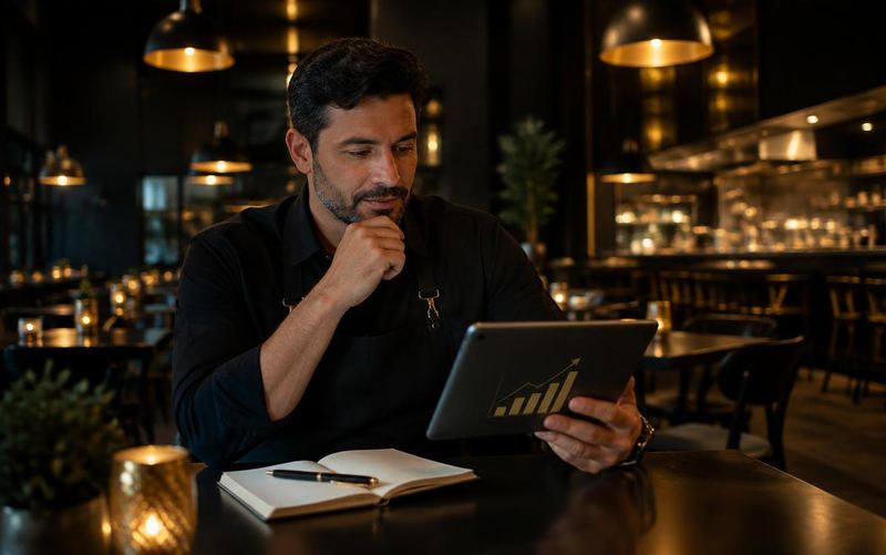 Dono de restaurante analisando o crescimento das vendas no tablet