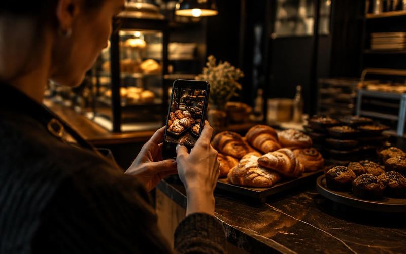 Dona de padaria fotografando os produtos do balcão com o celular