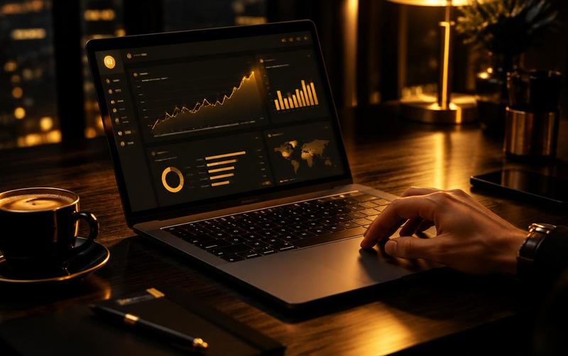 Notebook com painel de resultados de anúncios sobre a mesa
