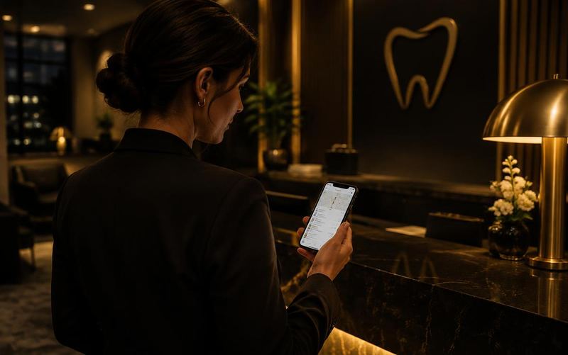 Dona de clínica olhando a busca do Google no celular, na recepção